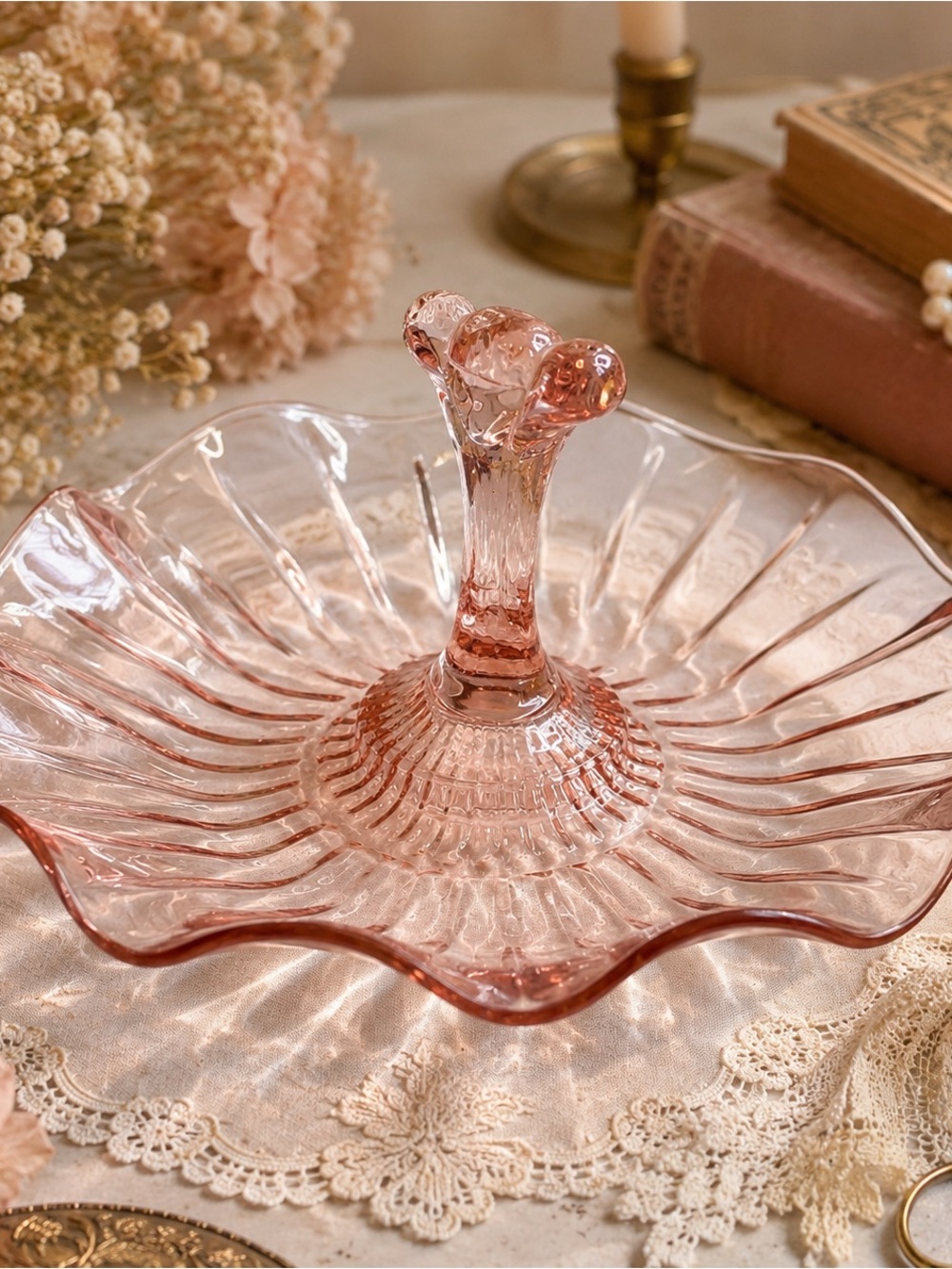 Vintage Pink Depression Glass Pedestal Tidbit Dish